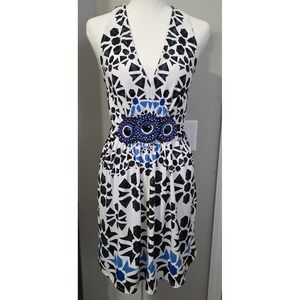 ECI New York Women Sz M White Geometric Halter Beaded Waist Dress Tribal Short